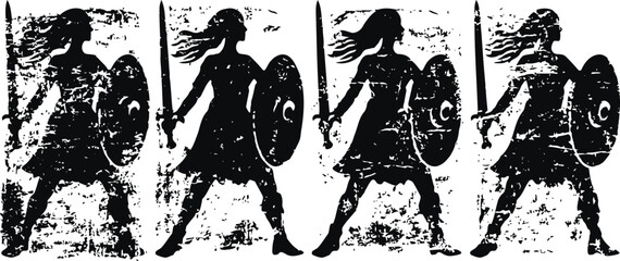 Obraz premium Four ancient warriors with spears and shields standing in battle ready stance in a tribal