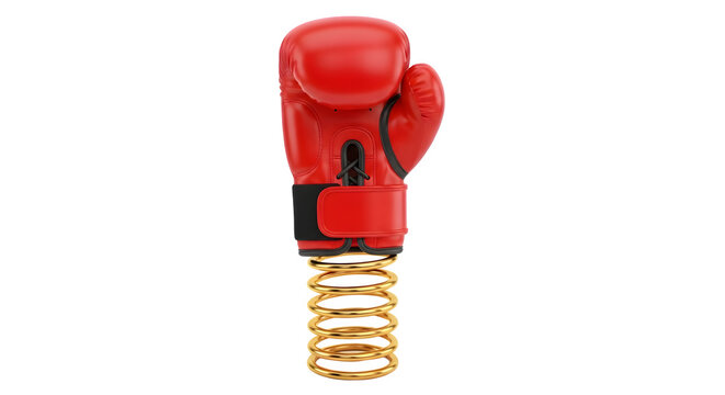 Red boxing glove with gold spring on transparent background indoors