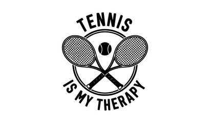 Tennis quote T shirt design with crossed rackets badge and sporty typography vector isolated on white background © Sujat