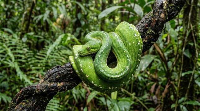 Green tree python coiled on branch close up vibrant snake reptile wildlife detail