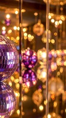 Reflected disco balls glow in a warm, blurred light, creating a festive atmosphere