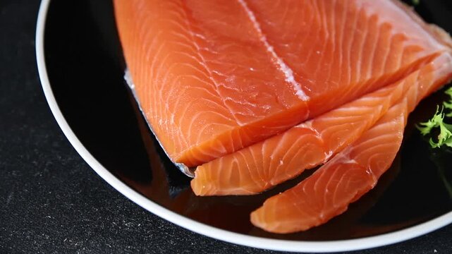 Salmon fresh fish ed fish seafood tasty snack fresh gourmet food background on the table rustic food top view copy space pescetarian diet