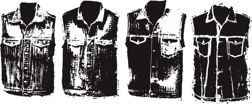 Four sleeveless denim jackets with pockets and button up fronts in different washes and styles