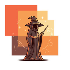Fototapeta premium A mysterious wizard in a dark robe and pointed hat holding a magic wand, with abstract orange squares in the background.