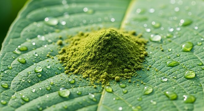 kratom powder on green leaf with water drops. kratom powder