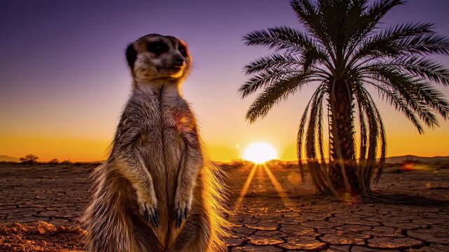 Meerkat at Sunset in Desert Landscape - A meerkat stands alert in a desert landscape during a vivid sunset, with the sun casting a warm glow over the cracked earth.
