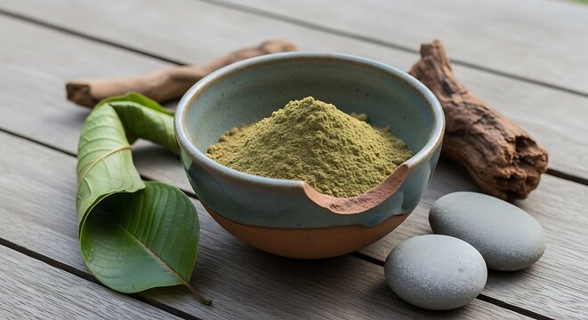 kratom powder in ceramic bowl with green leaves and stones. kratom powder