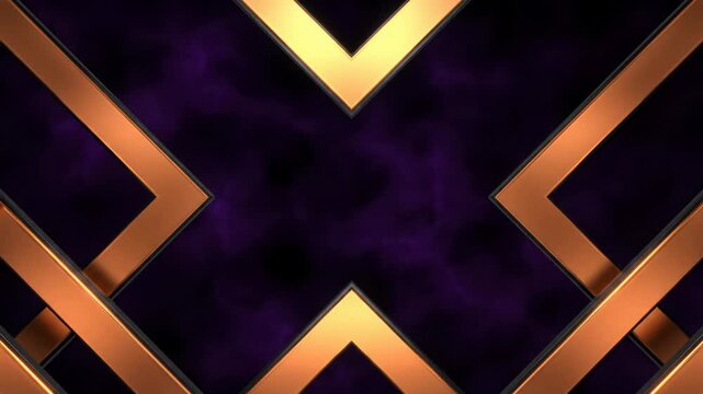 Dynamic abstract video: metallic orange geometric shapes transform from 'V' to 'X' against evolving dark purple smoke with subtle bloom, high-tech digital concept