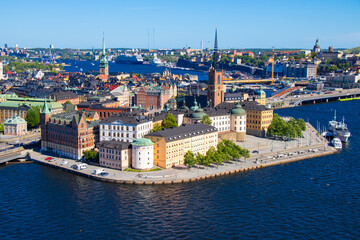 Obraz premium Aerial panoramic view of Gamla Stan old town in Stockholm with waterfront and historic buildings