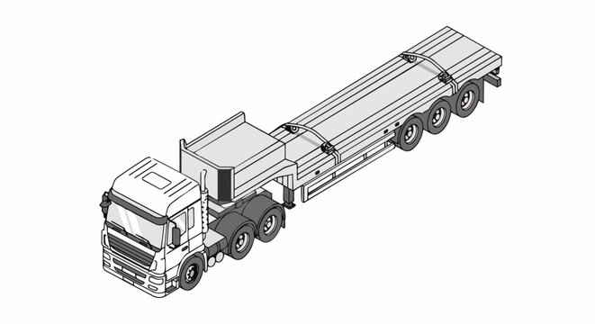 Isometric Semi Truck with Lowboy Flatbed Trailer Line Art Illustration for Heavy Duty Logistics and Transportation Industrial Design