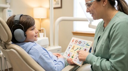 Fototapeta premium Pediatric Dentist Using Visual Aids and Noise-Canceling Headphones for Child with Sensory Processing Needs During Medical Exam