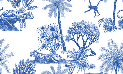 Fototapeta premium Toile de Jouy seamless pattern with tigers and monkeys. plants palms in tropical forest. Exotic trees and bushes perfect for textile and wallpaper, hand drawn luxury drawing