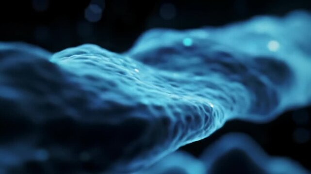 Macro video of viscous dark cerulean blue organic fluid with undulating bioluminescent glows against an abstract dark void. Concept of biomimicry and generative art