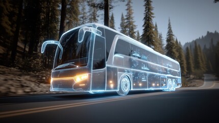 Obraz premium Bus is driving down a road with trees in the background