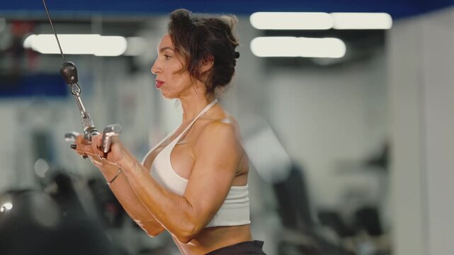 Muscular woman doing triceps pushdown exercise at the gym