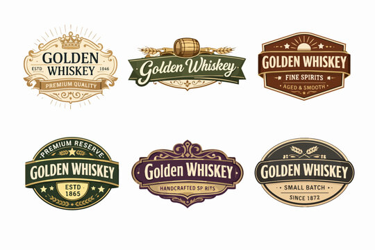 Golden whiskey labels collection vintage design, creating premium craft liquor branding for alcoholic beverages