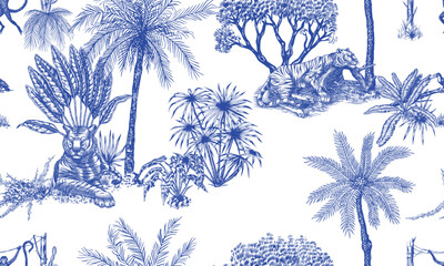 Fototapeta premium Toile de Jouy seamless pattern with tigers and monkeys. plants palms in tropical forest. Exotic trees and bushes perfect for textile and wallpaper, hand drawn luxury drawing