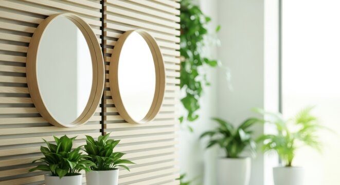 Two oval mirrors on wooden slats wall modern interior design with green plants.