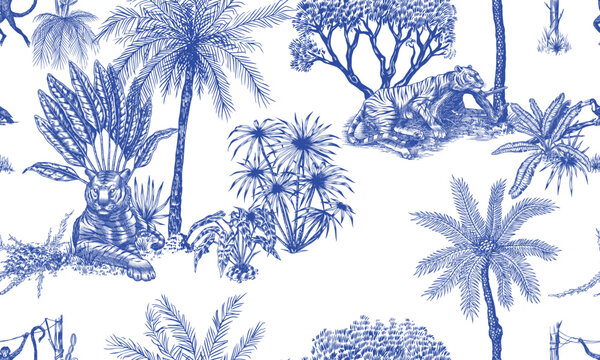 Toile de Jouy seamless pattern with tigers and monkeys. plants palms in tropical forest. Exotic trees and bushes perfect for textile and wallpaper, hand drawn luxury drawing