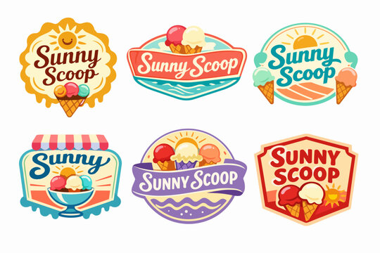 Collection of ice cream parlor shop logos for branding, featuring scoops, cones, and sunshine designs