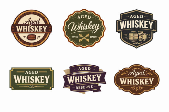 Vintage aged whiskey labels collection with retro design elements for bourbon, scotch, and reserve spirits branding