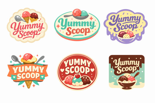 Yummy scoop ice cream logo collection with various dessert illustrations for sweet treat branding