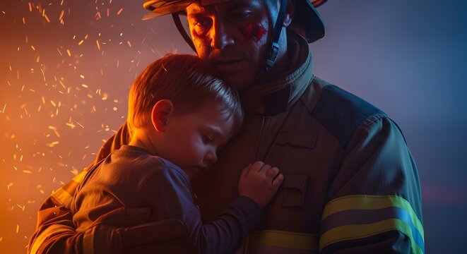 Dramatic rescue scene featuring a fireman in a helmet holding a scared child. The flying sparks symbolize the danger and bravery inherent in the mission to save lives every day and night
