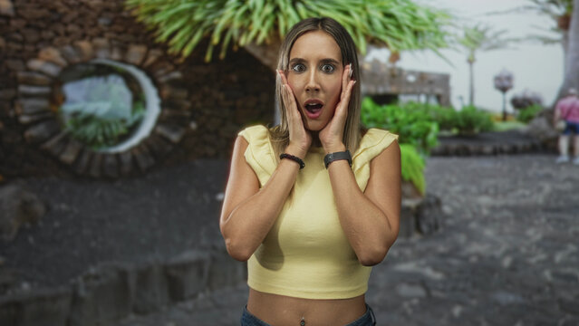 Woman with hands on cheeks on street near stone wall and tropical plants wearing yellow crop top and visible navel piercing; surprise discovery.