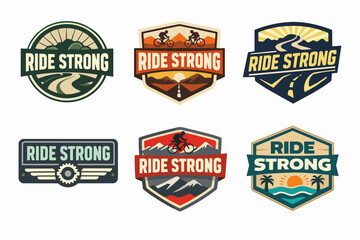 Obraz premium Ride strong badges with various cycling themes, featuring cyclists, mountains, roads, gears, beaches, and sunsets for sports motivation