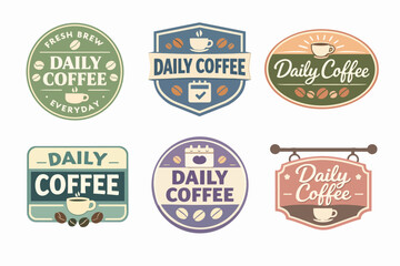 Obraz premium Set of coffee shop badges with cups, beans, and daily coffee text, ideal for cafes, restaurants, and product branding