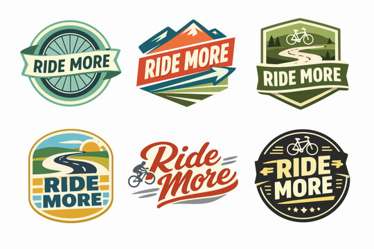Collection of ride more cycling logos with vintage style, depicting bikes, mountains, and roads for outdoor adventure concepts