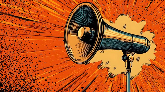 Bold loudspeaker illustration with empty speech bubble on orange image