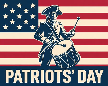 Patriots Day Illustration with Revolutionary War Drummer and American Flag Background
