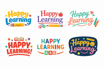 Fototapeta premium Happy learning badges promoting education, school, and academic growth through colorful typography and stationery