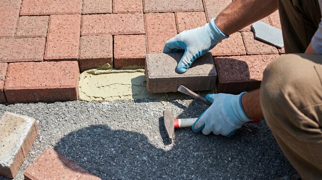 Construction worker installing red brick pavers on backyard path. Professional masonry work with hammer and chisel. Pavement installation and landscaping renovation process for garden walkway.