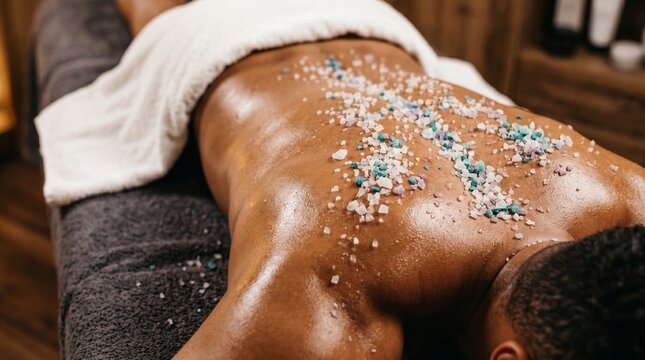 Man receiving exfoliating body scrub treatment with sea salt in spa salon. Male grooming, wellness, skin care and relaxation. Professional massage and detox concept.