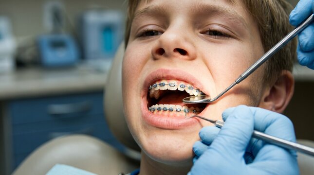 Teen boy at dentist office for dental braces checkup, professional orthodontist examining teeth with mirror, pediatric stomatology and healthcare, dental hygiene and correction