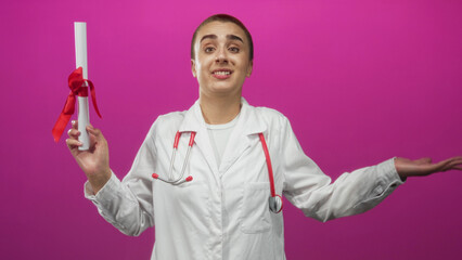 Obraz premium Woman doctor holding diploma scroll with red ribbon and red stethoscope, palm up shrug gesture in studio; uncertainty achievement.