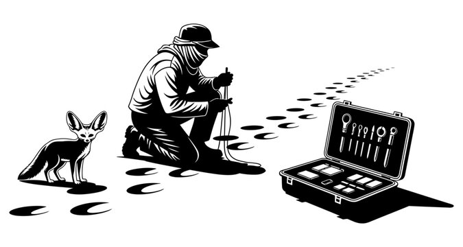 Person with tools and fennec fox leaving footprints during daytime silhouette