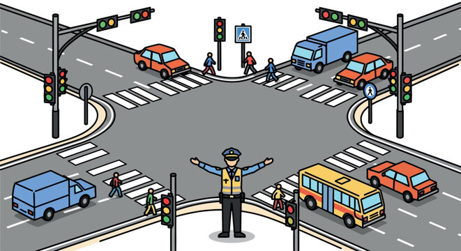 Traffic police officer directing traffic at a large four-way intersection with cars buses pedestrians traffic lights vector art traffic flow zebra crossing traffic management