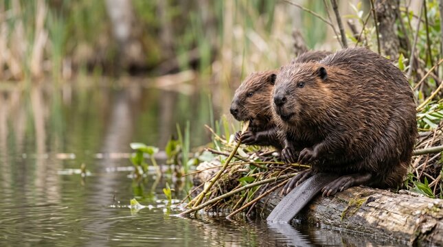 Two beavers building dam in wild nature pond. Wild animals Castor fiber near river water in forest habitat. Wildlife photography of busy rodents eating wood branches at lakeside.