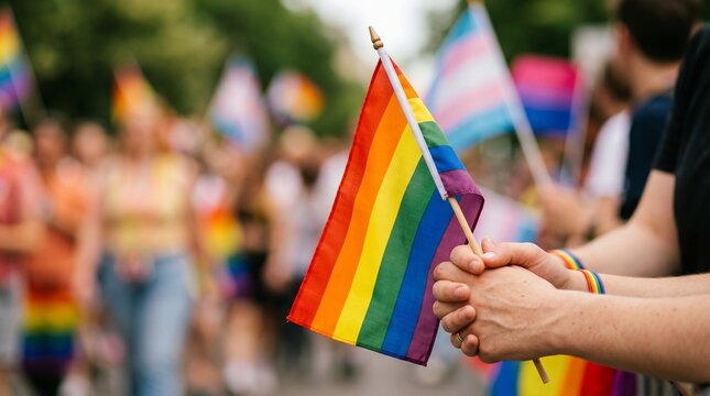 Hands holding rainbow pride flag at LGBTQ parade march. Symbol of diversity, equality, and inclusion at pride event. Community celebration for human rights and social movement support.