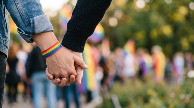 Close up of same sex couple holding hands at pride parade. LGBT people wearing rainbow wristband supporting diversity, equality and human rights during outdoor community festival event.