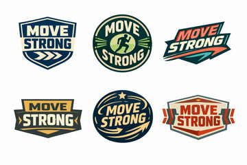 Fototapeta premium Move strong logo collection featuring various badge designs for fitness, sports, and athletic branding concepts