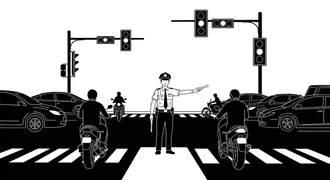 Police officer directing traffic on a busy city street with cars and motorcycles traffic lights pedestrian crossing zebra crossing intersection motorcycles transport