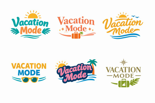 Vacation mode lettering designs set with travel icons representing summer holiday experiences