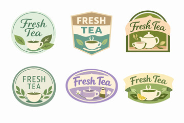 Obraz premium Fresh tea labels collection featuring various badge designs, hot beverage cups, green leaves, teapots, and lemon slices