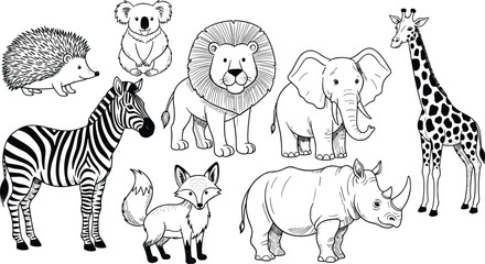 Black and white vector set of hand drawn wild animals including lion elephant zebra giraffe rhino fox koala and hedgehog. © MdShedul