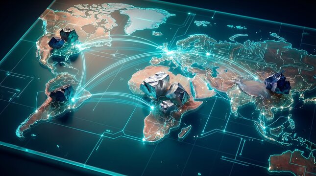 Global Mining Supply Chain Concept Featuring Digital World Map and Raw Mineral Ores for International Trade and Resource Management Visualization
