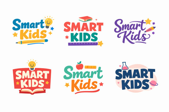 Smart kids logo concept set showcasing typography, education icons, and playful designs for children's learning